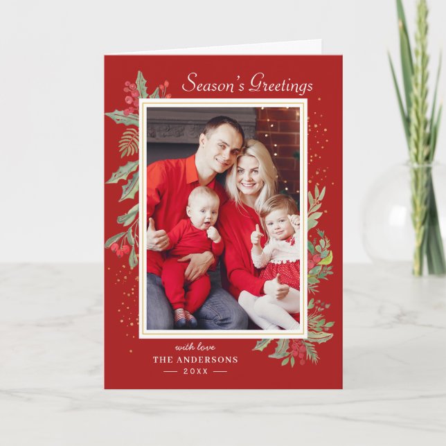 Cartes Pour Fêtes Annuelles Confetti Holly Berries, Gold de Noël (Devant)