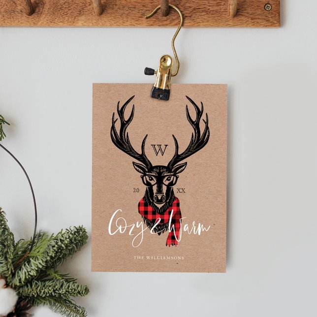 Cartes Pour Fêtes Annuelles Confortable et chaleureux | Monogramme de rennes d (Cozy & Warm | Red Buffalo Plaid Reindeer Monogram Holiday Card)