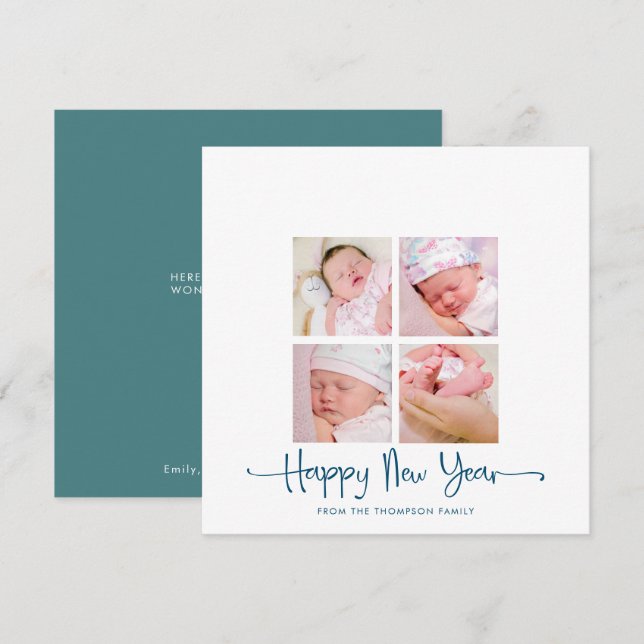 Cartes Pour Fêtes Annuelles Contemporain Joyeux Nouvel An 4 photo Turquoise (Devant / Derrière)