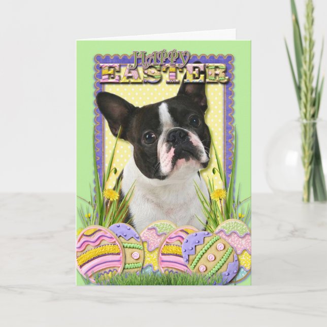 Cartes Pour Fêtes Annuelles Cookies d'oeufs de Pâques - Boston Terrier (Devant)