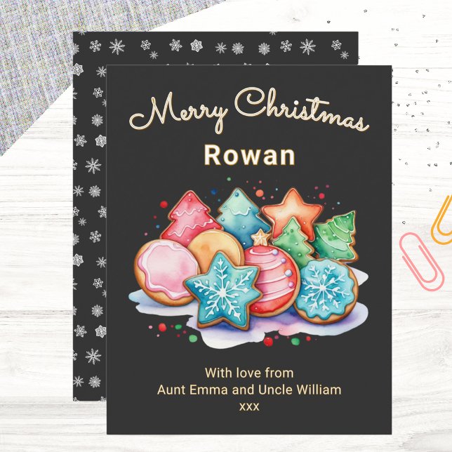 Cartes Pour Fêtes Annuelles Cookies glacés Festif Personnalisé Joyeux Noël (A modern Christmas card with colorful cookies picture in a watercolor style, on a black background)