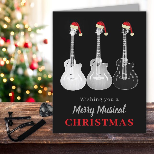 Cartes Pour Fêtes Annuelles Cool Guitare Noël noir et blanc (christmas guitars custom holiday greetings card)