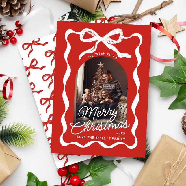 Cartes Pour Fêtes Annuelles Coquette Curvy Ribbon & Bow Retro Christmas Photo (Créateur téléchargé)