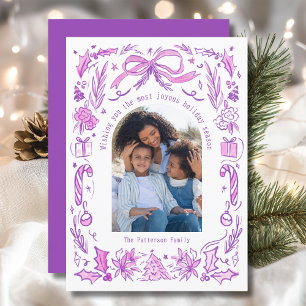 Cartes Pour Fêtes Annuelles Coquette Famille de Noël Photo Doodle rose violet