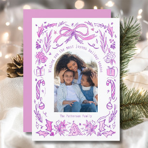 Cartes Pour Fêtes Annuelles Coquette Famille de Noël Photo Doodle rose violet