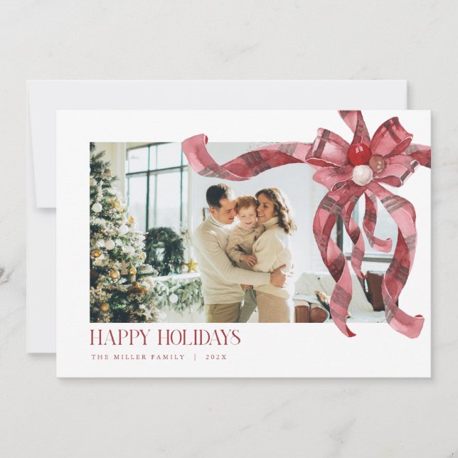 Cartes Pour Fêtes Annuelles Coquette Red Plaid Gift Bow Photo Christmas Card (Devant)