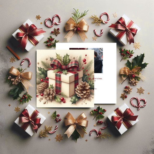 Cartes Pour Fêtes Annuelles Coquette Rustique Noël Plaid Bow Holly Pinecone (Créateur téléchargé)