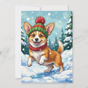 Cartes Pour Fêtes Annuelles Corgi joyeux bondissant dans la neige avec Pom Pom