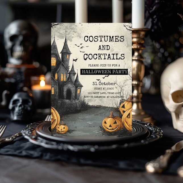 Cartes Pour Fêtes Annuelles Costumes et cocktails Party avec Maison hantée (Créateur téléchargé)