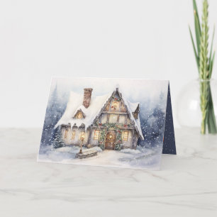 Cartes Pour Fêtes Annuelles Cottage De Noël Dans Les Flammes De Neige