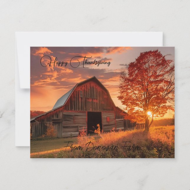 Cartes Pour Fêtes Annuelles Coucher de soleil à la grange d'automne (Devant)