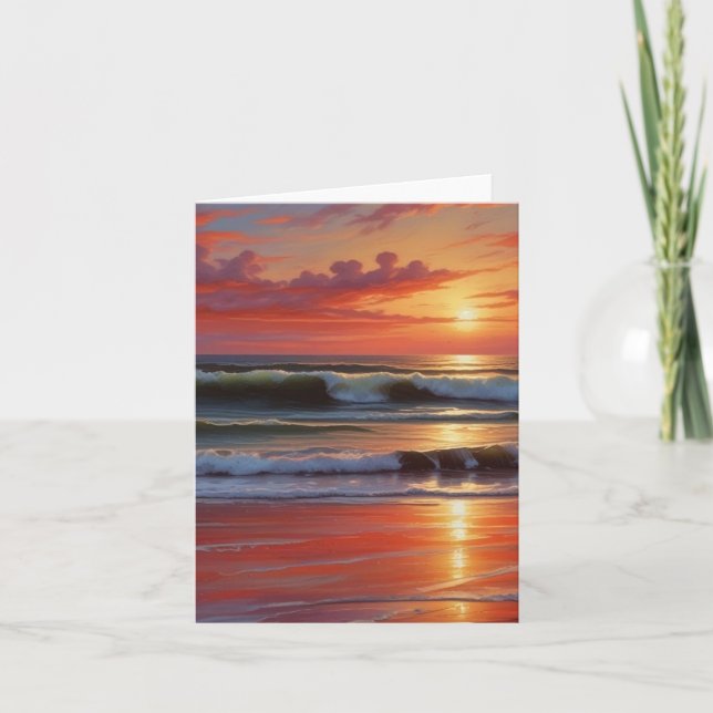 Cartes Pour Fêtes Annuelles Coucher Rouge Océan Peinture de paysage marin (Devant)