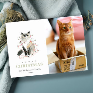 Cartes Pour Fêtes Annuelles Couleur d'aquarelle Meowy Feux de Noël Chat