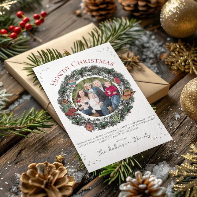 Cartes Pour Fêtes Annuelles Country Christmas Wreath Family Photo (Country Christmas Card Featuring Hand-Drawn Wreath, Vintage Ornaments, Cowboy Boots, Hat and Holly.)