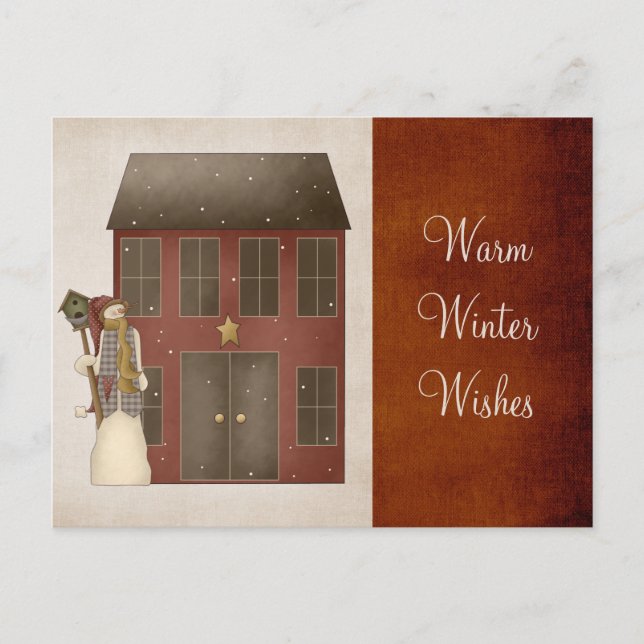 Cartes Pour Fêtes Annuelles Country Prim Snowman & Saltbox House Design (Devant)