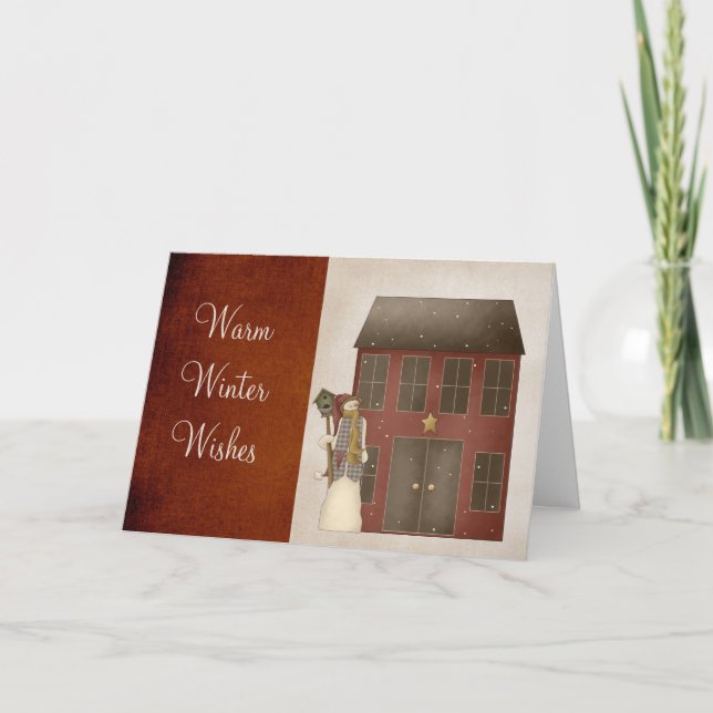 Cartes Pour Fêtes Annuelles Country Prim Snowman & Saltbox House Design (Devant)