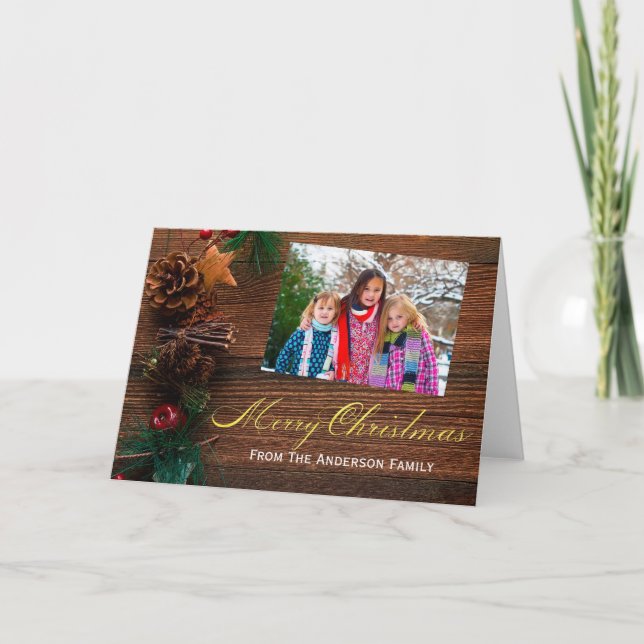 Cartes Pour Fêtes Annuelles Country Rustic Wood Joyeux Noël Photo (Devant)