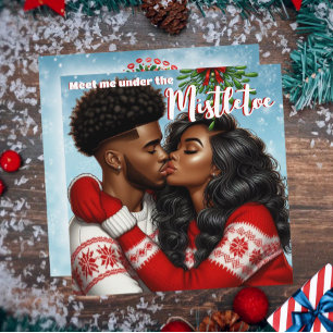Cartes Pour Fêtes Annuelles Couple Afro-Américain Baiser sous le Gui à Noël