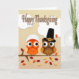 Cartes Pour Fêtes Annuelles Couple d'hibou habillé en pèlerins pour l'action d