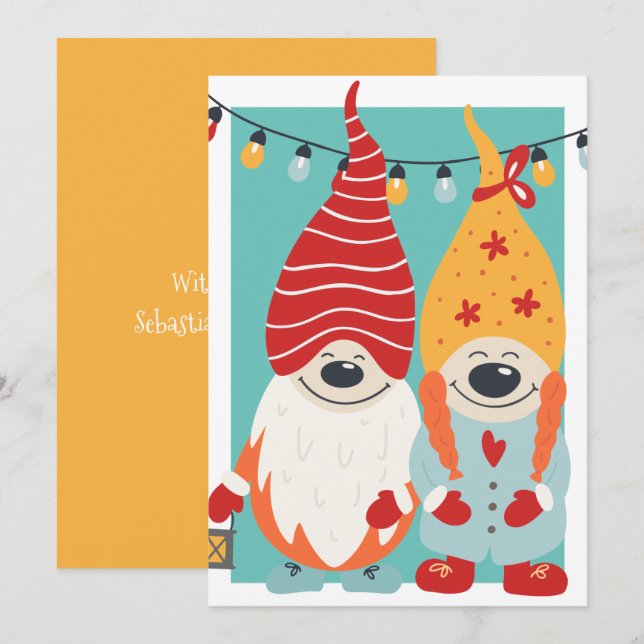 Cartes Pour Fêtes Annuelles Couple Gnome mignon Noël personnalisé (Devant / Derrière)
