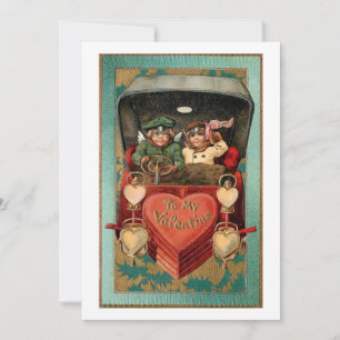 Cartes Pour Fêtes Annuelles Couple Valentin vintage en voiture avec les coeurs