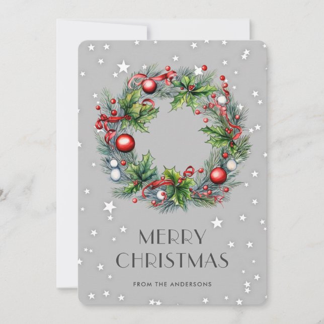 Cartes Pour Fêtes Annuelles Courbe de Noël Holly Berries Ornements Étoiles (Devant)