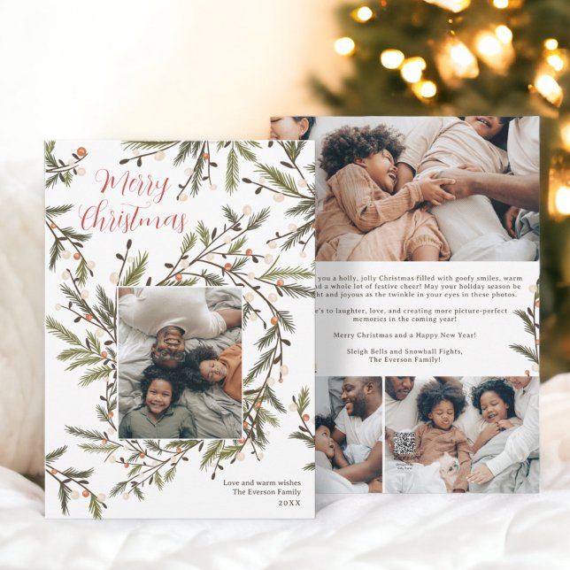 Cartes Pour Fêtes Annuelles Courbe moderne verte famille de Noël 4 photos (Modern wreath green Christmas family 5 photos Holiday Card)