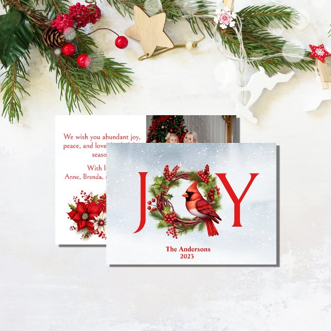 Cartes Pour Fêtes Annuelles Couronne aquarelle Joy avec un cardinal rouge | 1  (Our watercolor Christmas card is the perfect way to spread joy this holiday season. Get yours today!)