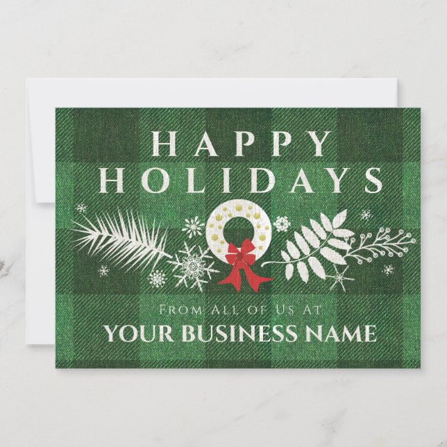 Cartes Pour Fêtes Annuelles Couronne blanche rustique Plaid vert Entreprise d' (Devant)