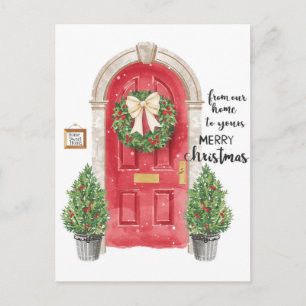 Cartes Pour Fêtes Annuelles Couronne d'arbres en pot à porte rouge Aquarelle