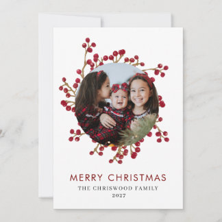 Cartes Pour Fêtes Annuelles Couronne de Baies Rouges Élégante Famille Photo No