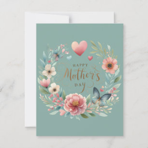 Cartes Pour Fêtes Annuelles Couronne de fleurs avec un papillon Bonne fête des