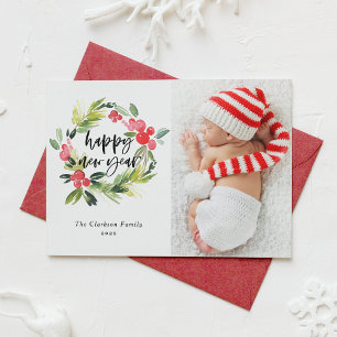 Cartes Pour Fêtes Annuelles Couronne de houx à l'aquarelle Bonne Année Photo
