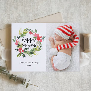 Cartes Pour Fêtes Annuelles Couronne de houx à l'aquarelle Bonne année Photo