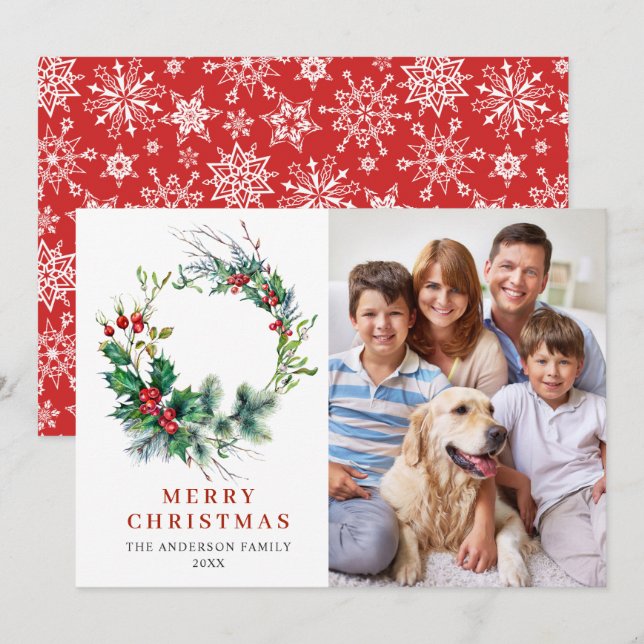 Cartes Pour Fêtes Annuelles Couronne de houx et de baies Noël PHOTO (Devant / Derrière)