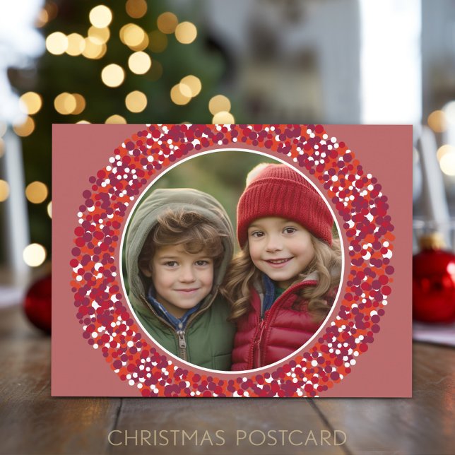 Cartes Pour Fêtes Annuelles Couronne de Noël 1 Photo avec baies rouges (A simple red berry border with one photo on the front. A festive Christmas postcard to send.)
