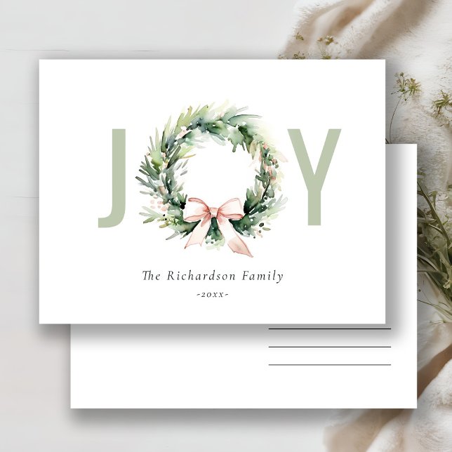 Cartes Pour Fêtes Annuelles Couronne de Noël à l'aquarelle verte rose joie (Créateur téléchargé)