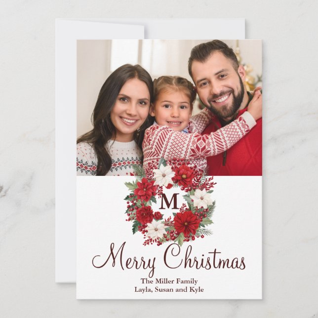 Cartes Pour Fêtes Annuelles Couronne de Noël à monogramme Élégance traditionne (Devant)
