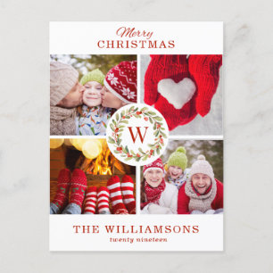 Cartes Pour Fêtes Annuelles Couronne de Noël à monogramme rouge 4 photos
