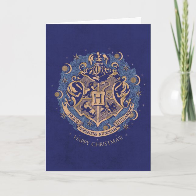 Cartes Pour Fêtes Annuelles Couronne de Noël au blason de HOGWARTS™ Bleu (Devant)
