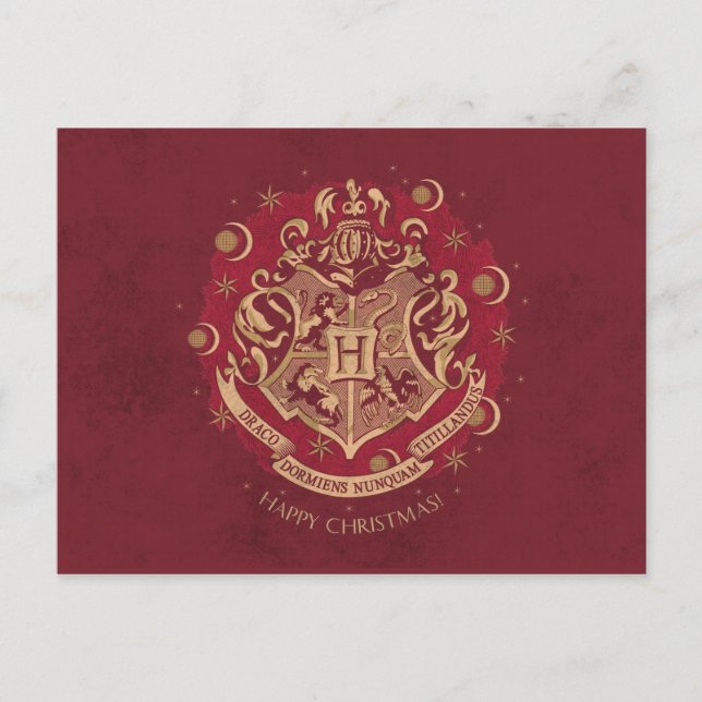 Cartes Pour Fêtes Annuelles Couronne de Noël au blason de Poudlard™ Rouge (Devant)