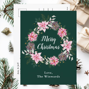 Cartes Pour Fêtes Annuelles Couronne de Noël au poinsettia rose Joyeux Noël