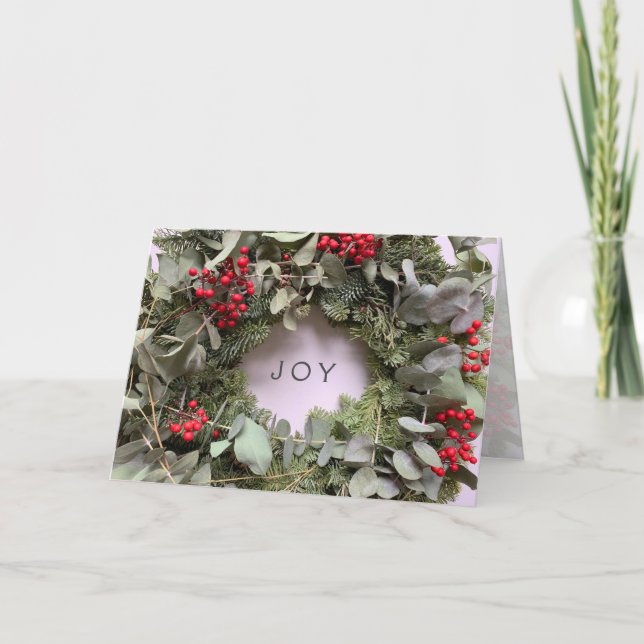 Cartes Pour Fêtes Annuelles Couronne de Noël avec eucalyptus et baies rouges (Devant)
