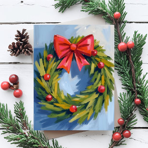 Cartes Pour Fêtes Annuelles Couronne de Noël avec Ruban Rouge   Aquarelle