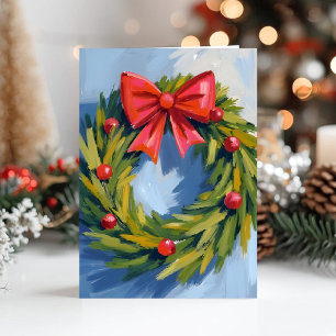 Cartes Pour Fêtes Annuelles Couronne de Noël avec Ruban Rouge   Aquarelle