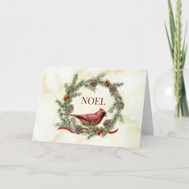 Cartes Pour Fêtes Annuelles Couronne de Noël avec un cardinal (Devant)