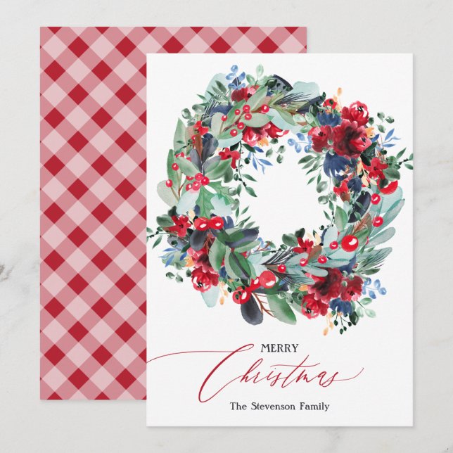 Cartes Pour Fêtes Annuelles Couronne de Noël bleu marine floral rustique (Devant / Derrière)