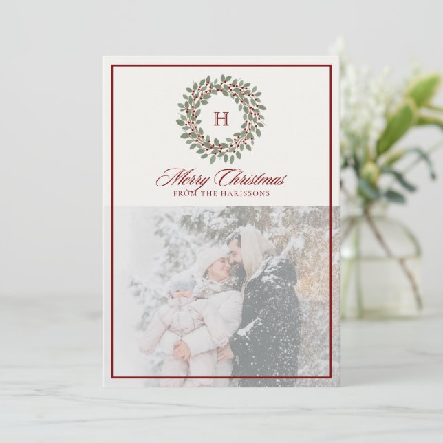 Cartes Pour Fêtes Annuelles Couronne de Noël, Cadre rouge, Monogramme Photo (Debout devant)