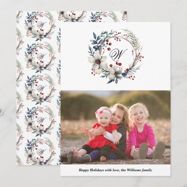 Cartes Pour Fêtes Annuelles Couronne de Noël et photo monogramme (Devant / Derrière)