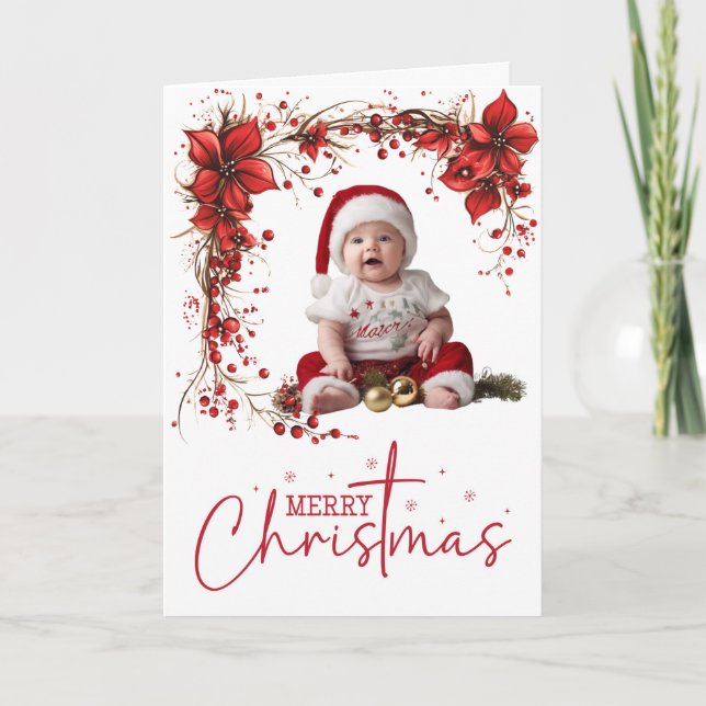Cartes Pour Fêtes Annuelles Couronne de Noël florale rouge Élégante Fête (Devant)